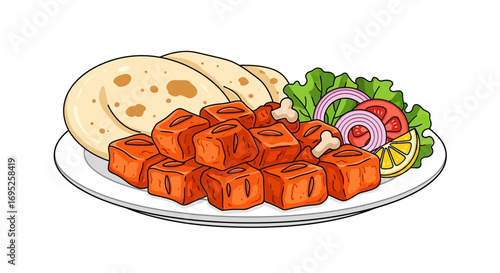 Delicious chicken tikka served with roti and salad illustration