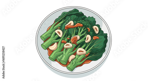 Delicious chinese broccoli with oyster sauce and garlic illustration
