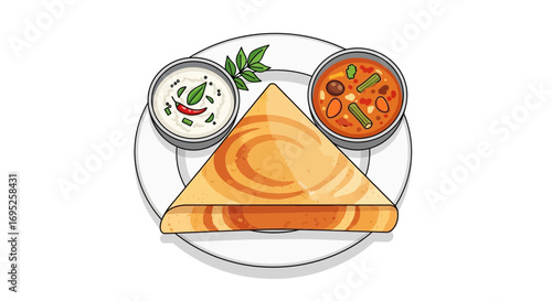 Delicious crispy dosa with savory sambar and creamy coconut chutney illustration