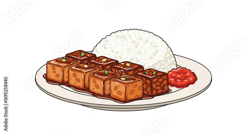 Delicious crispy tofu, steamed rice, and spicy chili paste on a plate