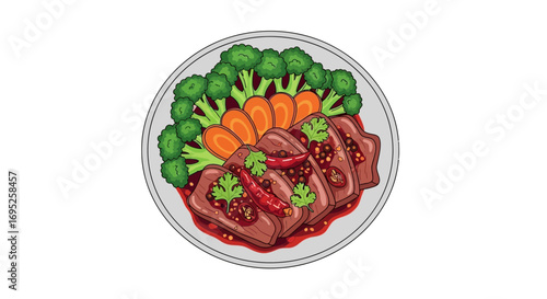 Delicious dish of sliced meat, sauce, and vegetables displayed creatively