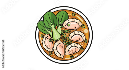 Delicious Dumpling Soup Illustration Featuring Bok Choy and Green Onions