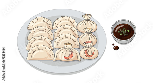 Delicious dumpling assortment with savory dipping sauce on a plate, perfect meal