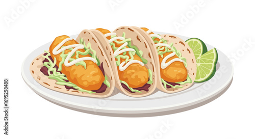 Delicious fish tacos with lime wedges displayed on a white plate