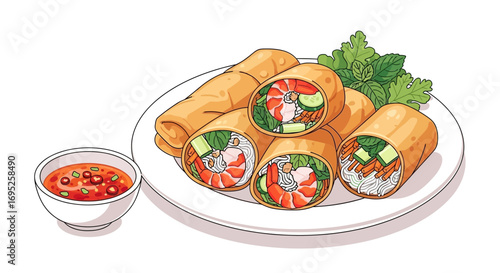 Delicious fresh spring rolls with shrimp and vegetables cartoon illustration