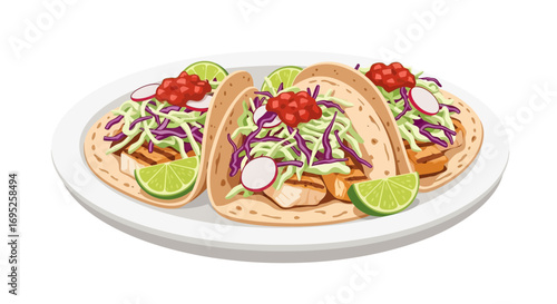 Delicious fish tacos with vibrant toppings on a white serving plate