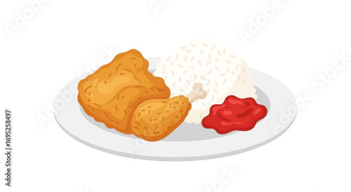 Delicious fried chicken with fluffy rice and tasty tomato sauce served