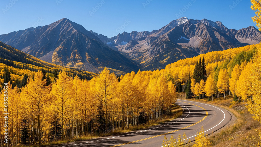 Fototapeta premium Scenic Mountain Road Surrounded by Golden Aspen Trees in Autumn