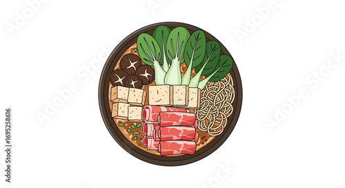 Delicious hot pot illustration with tofu, beef, mushrooms and noodles