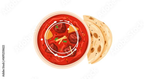 Delicious Indian curry illustration with meat, vegetables, and roti