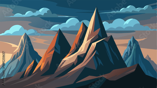Layers of rocky peaks rise into the sky their sharp edges contrasting against the soft clouds floating above.