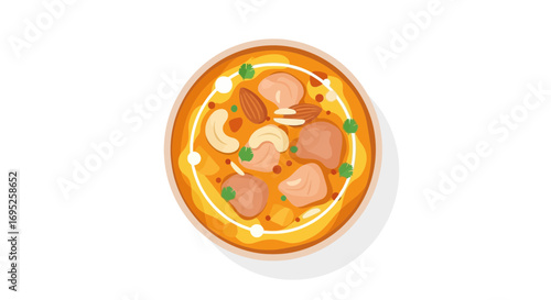 Delicious korma dish with chicken and nuts served in a bowl isolated