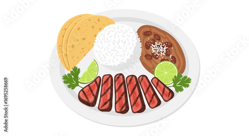 Delicious Mexican Platter with Grilled Beef, Rice, Beans, and Tortillas