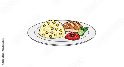 Delicious meal illustration, featuring seasoned chicken, rice, and chili sauce