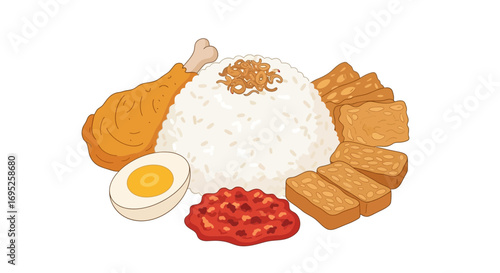 Delicious nasi lemak with fried chicken, tempeh, egg and sambal illustration