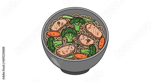 Delicious Noodle Bowl with Chicken, Broccoli, and Carrots Illustration