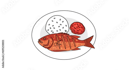 Delicious red snapper dish, adorned with fluffy rice and spicy sambal
