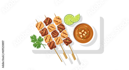 Delicious satay skewers with peanut sauce and lime on a white plate