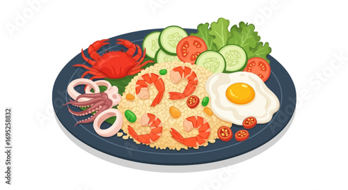 Delicious seafood fried rice dish served with egg and fresh vegetables