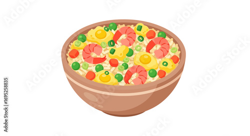 Delicious shrimp fried rice bowl featuring vibrant cartoon illustration