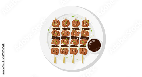 Delicious skewered delicacies presented on a pristine white plate, top view
