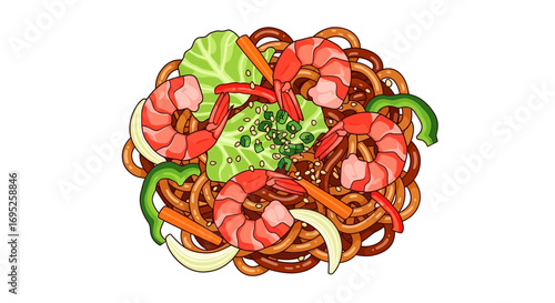 Delicious shrimp noodle stir-fry illustration for culinary projects