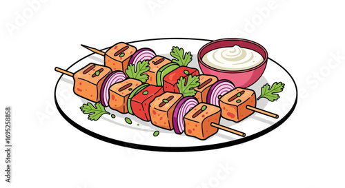 Delicious skewers with tofu and vegetables served with cream sauce dish