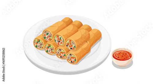 Delicious spring rolls with vegetables served with a spicy dipping sauce