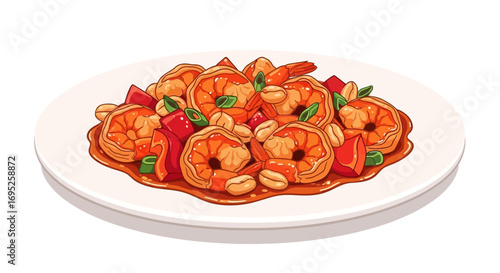 Delicious stir-fried shrimp dish served on a white plate vector art