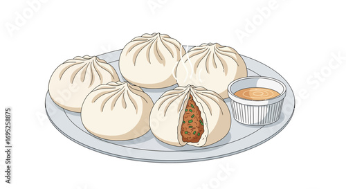 Delicious steamed dumplings served with savory dipping sauce illustration