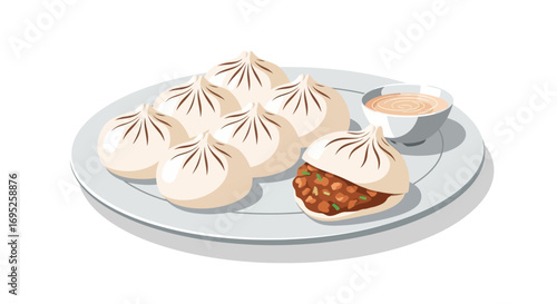 Delicious Steamed Dumplings with Savory Filling and Dipping Sauce, culinary art