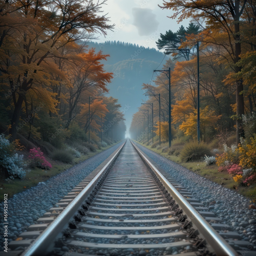 Fototapeta premium : Autumn forest with railroad tracks stretching into distance under golden foliage