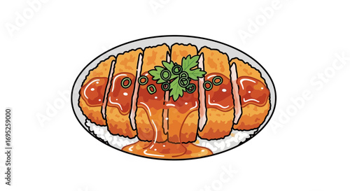 Delicious Tonkatsu Meal Art Illustration With Sauce and Rice on Plate