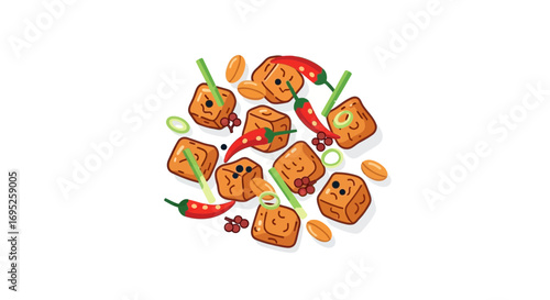 Delicious tofu with chili peppers and peanuts isolated on white background