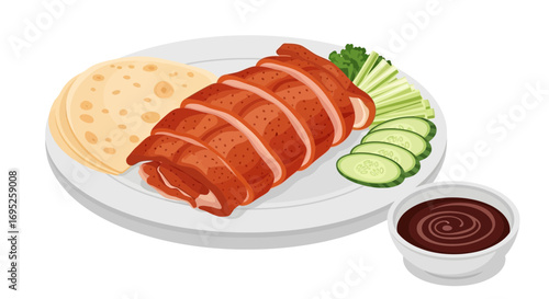 Delicious traditional peking duck illustration with pancakes and sauce