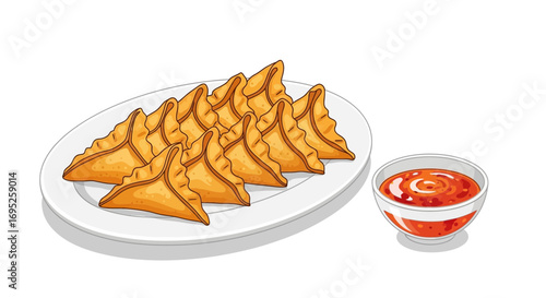 Delicious triangular shaped dumplings arranged on a plate with spicy dip