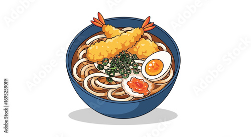 Delicious udon noodle soup with tempura and egg presentation drawing