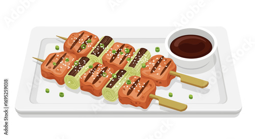 Delicious yakitori skewers illustration served with sauce in a white plate