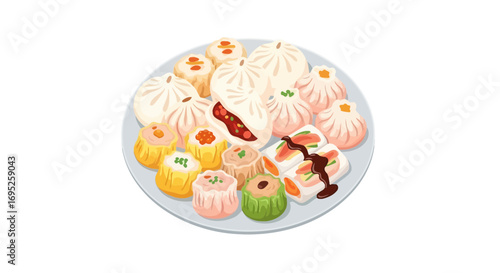 Delightful array of assorted chinese dim sum cuisine on a grey dish