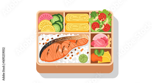 Delightful Bento Box Illustration Featuring Salmon and Fresh Ingredients