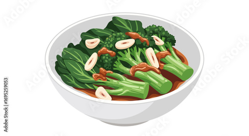 Deliciously illustrated bowl of chinese broccoli with garlic and sauce