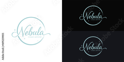 A celestial signature for Nebula, an artist of sacred geometry and cosmos-inspired art. This logo combines ethereal script with cosmic dust, creating an orbit that suggests a spiritual connection