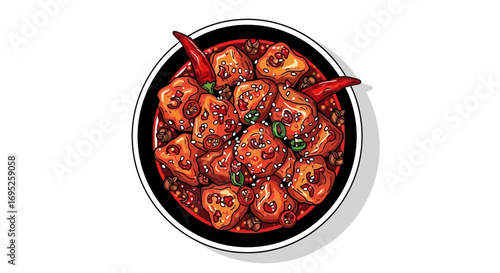 Delightful bowl of spicy korean chicken dish illustration overhead view