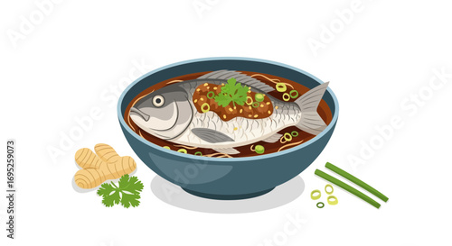 Delightful illustration of asian fish dish with fresh herbs and ginger