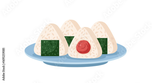 Delightful onigiri platter, Japanese rice balls with seaweed and umeboshi