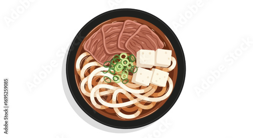 Delightful Japanese Udon Noodle Bowl with Beef, Tofu and Scallions, Vector Style