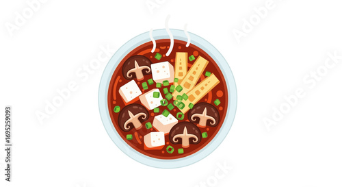 Delightful Miso Soup Illustration with Tofu, Mushrooms, and Bamboo Shoots