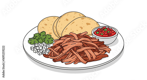 Flavorful pork carnitas street tacos illustration with fresh garnishes
