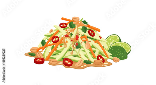 Fresh som tam salad with vibrant vegetables and tangy lime illustration