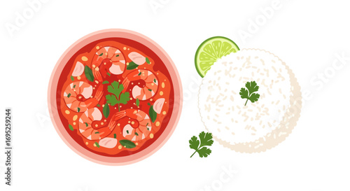 Exquisite shrimp dish with zesty citrus and fluffy rice presentation